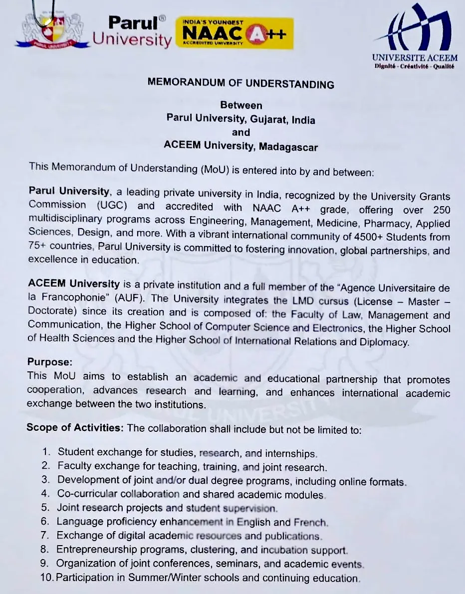 Document MOU Parul University & ACEEM